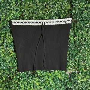 Pretty Garbage Black Strapless Whimsigoth White Trim Crop Top Size Medium